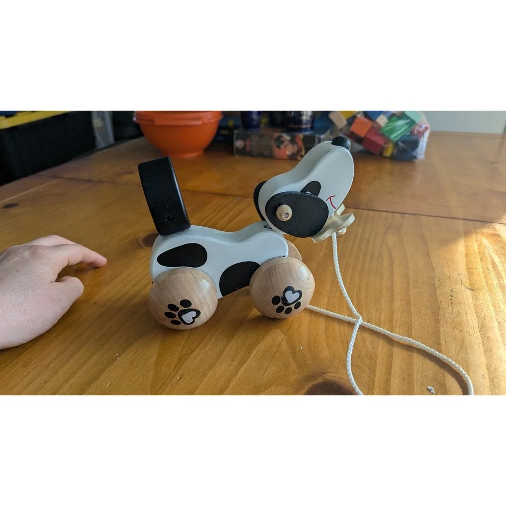 Classic World Wooden Pull‎ Toy Dog Spotted Puppy with Bone Handle and Bell